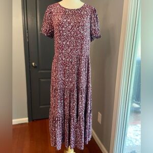 J Crew Tiered Floral Prairie Cottagecore Boho Festival Burgundy Dress